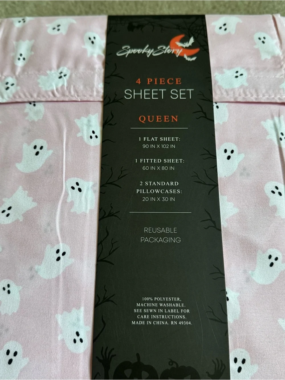 Spooky Story Queen 4-Piece Bed Sheet Set Pink Ghost Halloween Print New Bedding